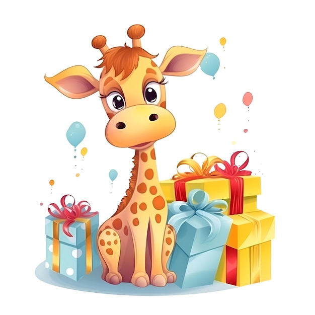 Foto giraffe mit geschenkkisten schöne cartoon-vektorillustration