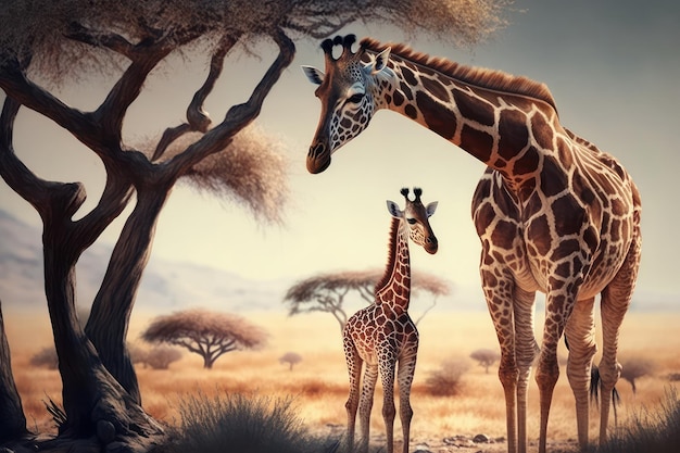 Giraffe mit ihrem Kalb in der afrikanischen Savanne Erstellt mit generativer KI-Technologie