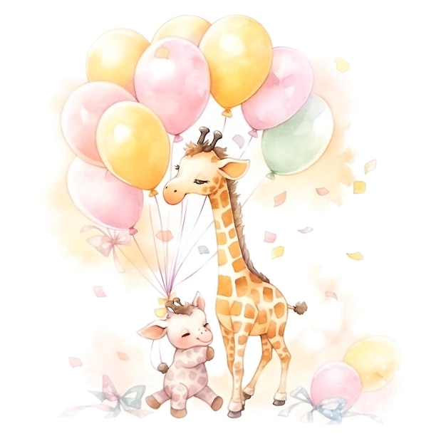 Foto giraffe mit luftballons und babyzimmerdekorationen und baby