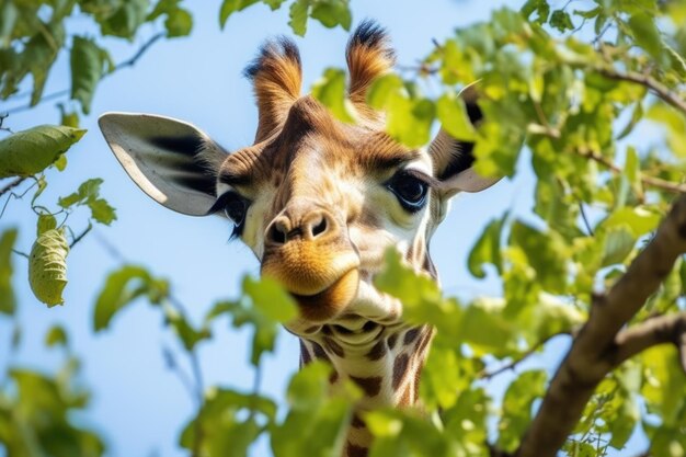 Giraffe streckt sich aus, um Blätter von der Spitze eines Baumes zu essen