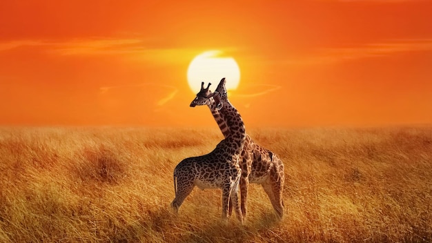 Giraffen im Serengeti-Nationalpark bei Sonnenuntergang