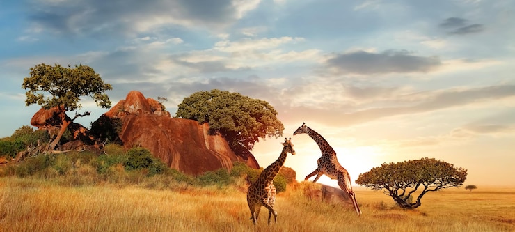 Foto giraffen in der afrikanischen savanne bei sonnenuntergang serengeti nationalpark tansania afrika bannerformat
