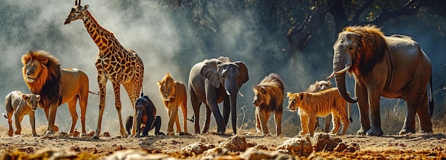 Giraffen, Löwen, Elefanten, Affen und andere afrikanische Kreaturen in einer großen GruppexA