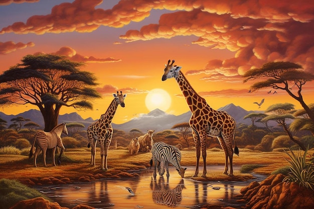 Giraffen und Zebras bei Sonnenuntergang mit Bergen im Hintergrund.