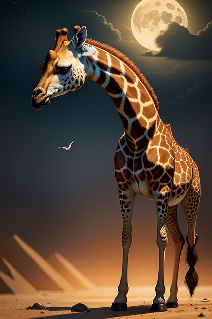 Giraffen-Wildtier-Wandpapier-Hintergrund HD-Fotografie-Illustration unter dem Mond in der Nacht