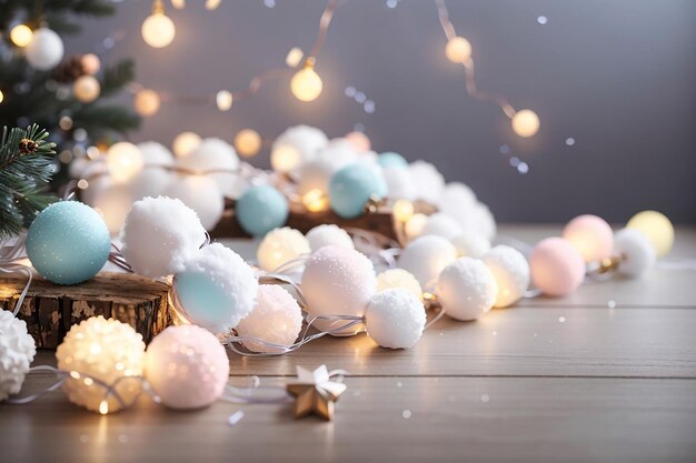 Foto giralda branca de bola de algodão com luzes cintilantes em madeira mesa de cores pastel macias natal ano novo ornamento decoração imagem minimalista limpa espaço de cópia