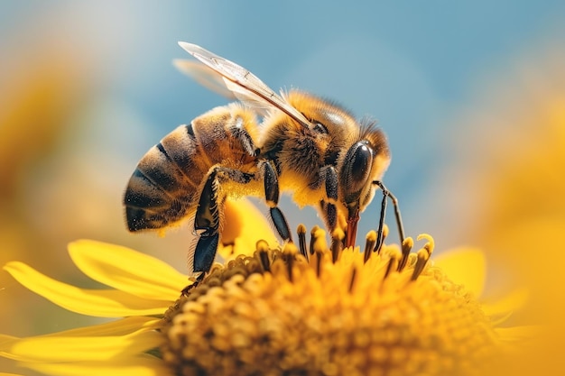 El girasol con una abeja melífera con un cielo azul en el fondo poliniza y recoge miel