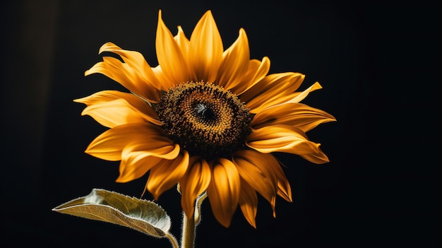 Un girasol amarillo con un fondo negro.