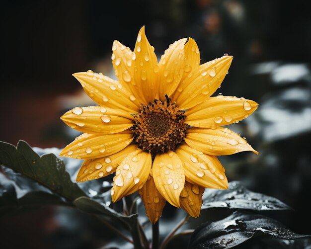 Un girasol amarillo con gotas de agua