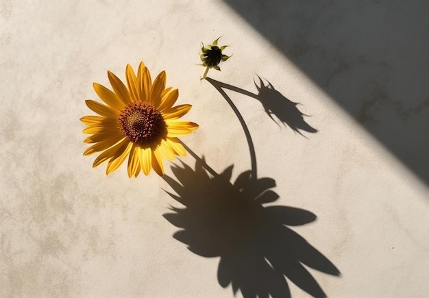 Un girasol amarillo y una sola flor sobre un fondo blanco.