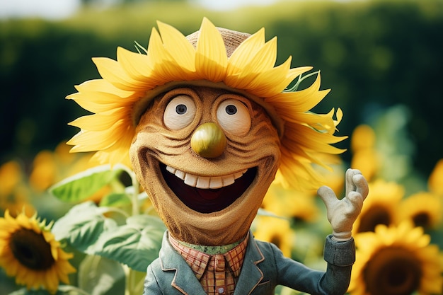 Girasol con un amigable espantapájaros en un campo