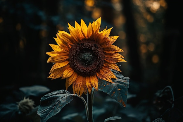 Un girasol en un bosque oscuro