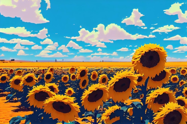 Girasol Campo Paisaje Panorámico Sol Flores Granja Girasoles Resumen Generativo AI Ilustración