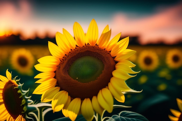 Un girasol en un campo con una puesta de sol al fondo.