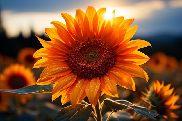 Foto un girasol está en un campo con el sol brillando sobre él