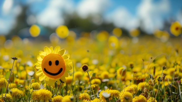 Girasol con cara sonriente en el campo de girasoles