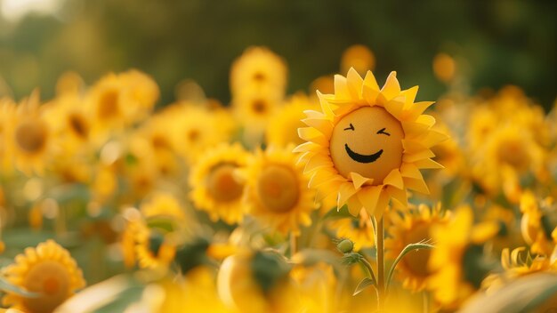 Girasol con cara sonriente en el campo de girasoles