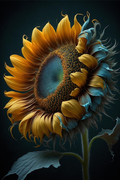 Un girasol con centro azul y centro amarillo.