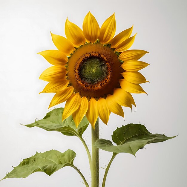 Un girasol con un centro marrón oscuro y pétalos amarillos brillantes en fondo blanco