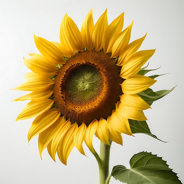 Un girasol con un centro marrón oscuro y pétalos amarillos brillantes en fondo blanco