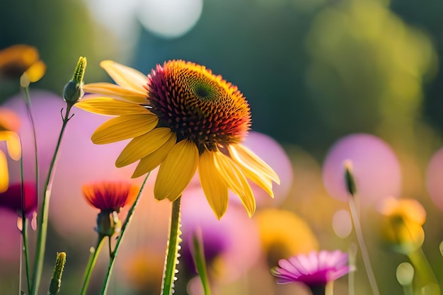 un girasol con un centro púrpura y amarillo.