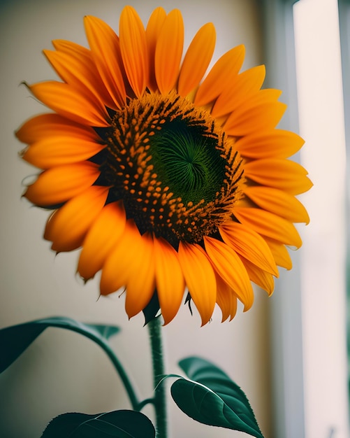 Un girasol con un centro verde y un centro amarillo.