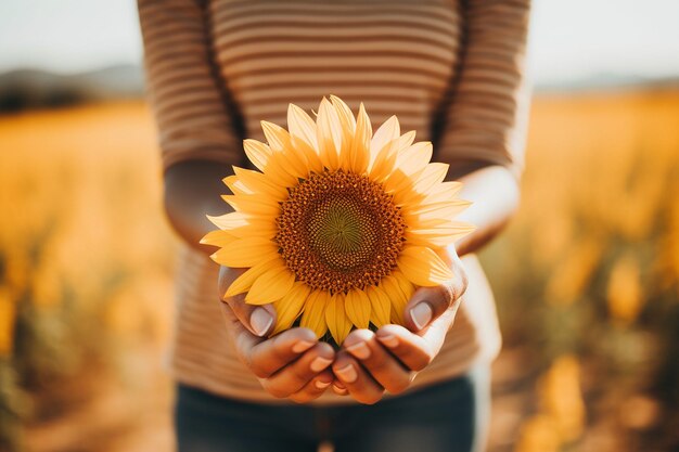 Foto girasol com um par de mãos segurando-o como um microfone