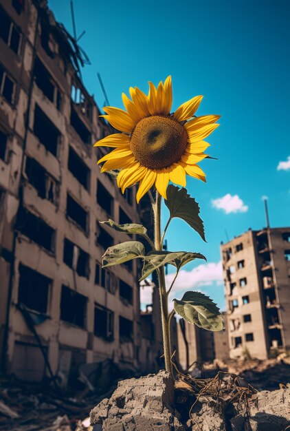 El girasol creciendo entre los escombros