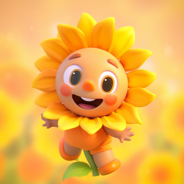 girasol de dibujos animados con una cara feliz y una ai generativa de hoja verde