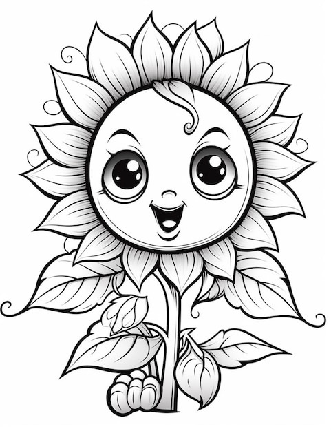 un girasol de dibujos animados con una cara y hojas ai generativa