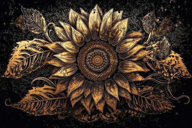 Girasol dorado con hojas sobre un fondo negro IA generativa