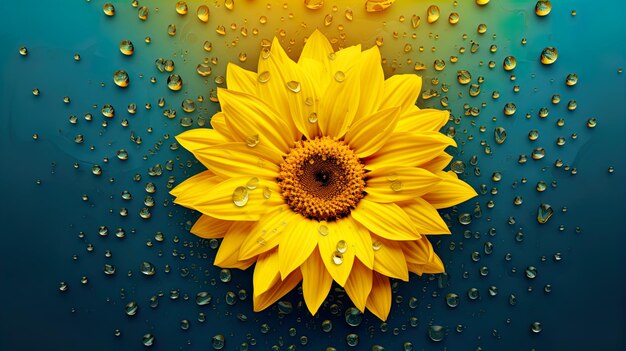 Foto girasol em fundo amarelo com gotas de água ilustração 3d gerar ia