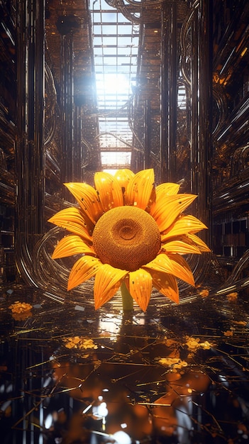 Un girasol está rodeado por una pared de vidrio.