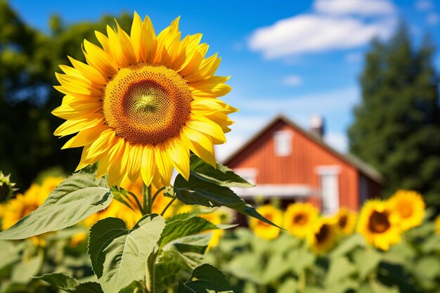 Girasol con una fila de colmenas en el fondo