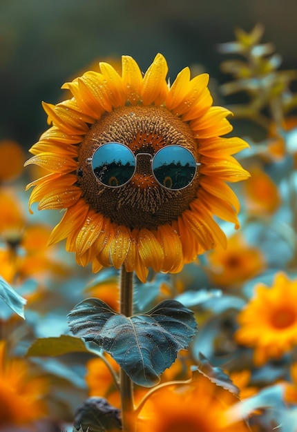 Girasol con gafas de sol sobre el fondo del cielo azul