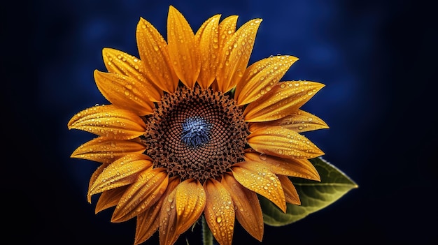 Un girasol con gotas de lluvia