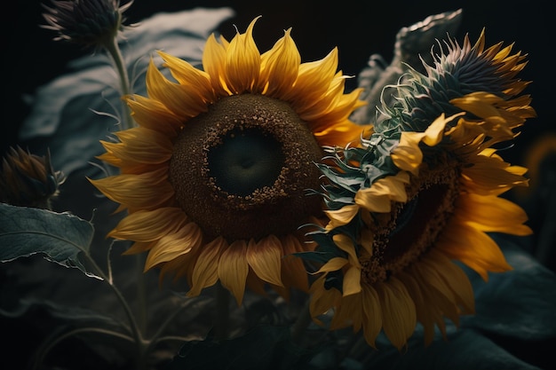 Foto un girasol está en una habitación oscura con un fondo oscuro.