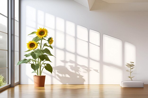 Girasol en una habitación con planta de espacio de copia aislado