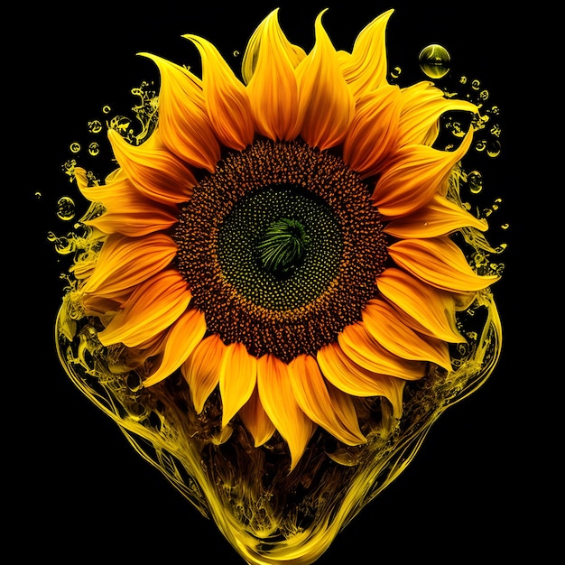 Girasol increíble con salpicaduras de agua y gotas ai generativo