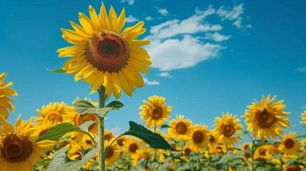 Foto girasol no campo e com um fundo de girassol no céu