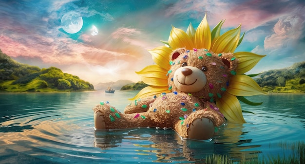 El girasol de oso de peluche está rodeado de una colorida variedad de flores y plantas con un lago