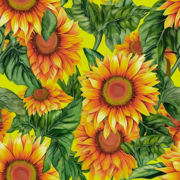 girasol de patrones sin fisuras con hojas verdes