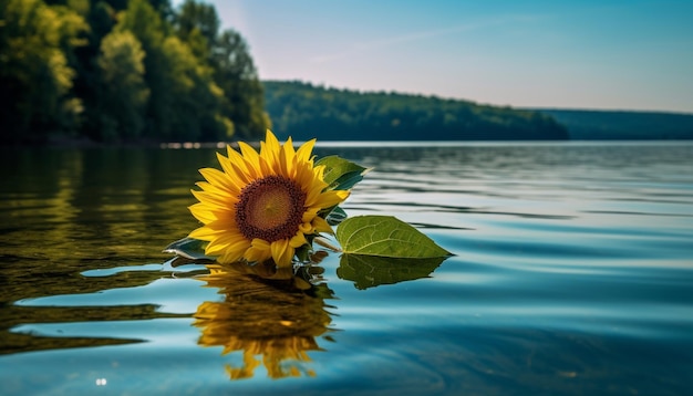 El girasol en el prado se refleja en el tranquilo estanque la belleza de la naturaleza generada por la inteligencia artificial