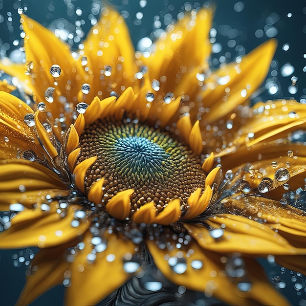 Girasol de primavera y verano con gotas de agua.