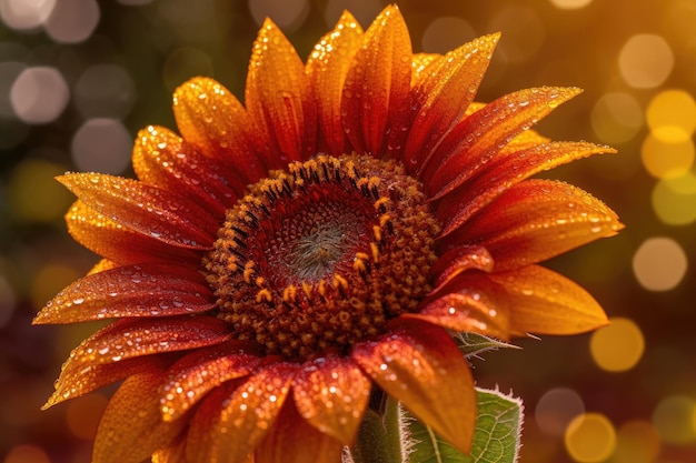 Un girasol con rocío está cubierto de gotas de lluvia.