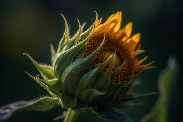 Un girasol con el sol brillando sobre él.