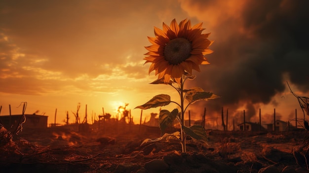 Girasol solitario en el contexto de una aldea ucraniana en llamas destruida por la guerra Fuego con humo que se eleva en el horizonte Después de la guerra y la agresión rusa