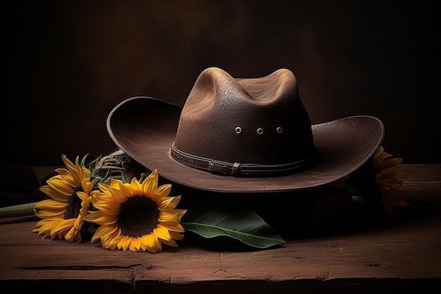 Girasol con un sombrero de vaquero colocado en él