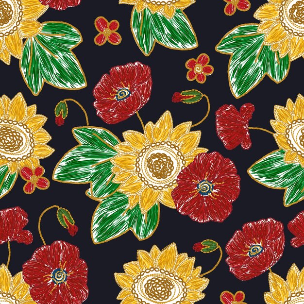 Girasol ucraniano y bordado de flores florales de amapola de patrones sin fisuras. Ilustración étnica vectorial