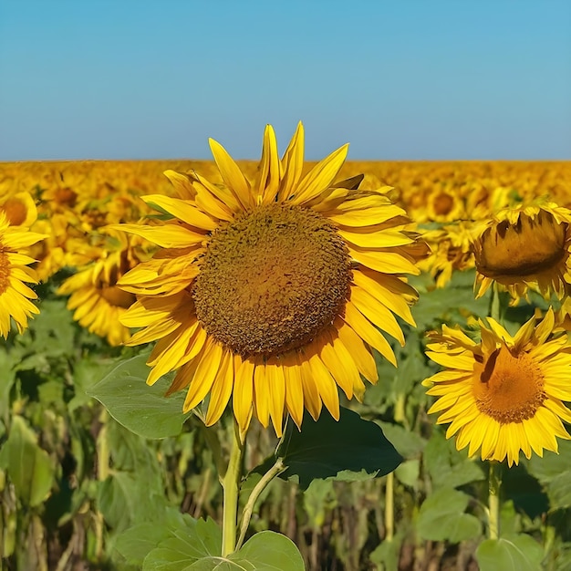 El girasol vibrante florece en un vasto campo bajo un cielo azul claro